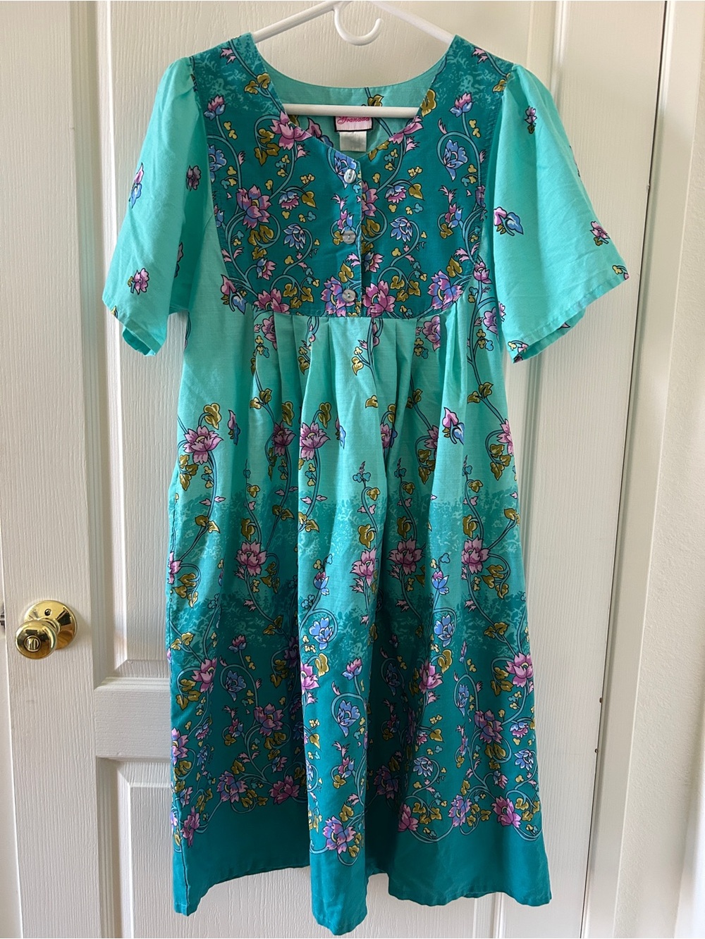 Vintage Granada Turquoise Floral House Dress Loungewear Midi Cottagecore Retro